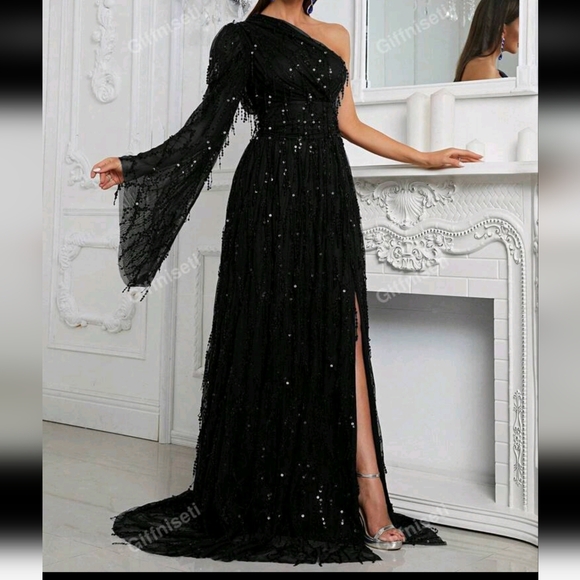 Black one shoulder split thigh sequin rain dress!! - Picture 6 of 6